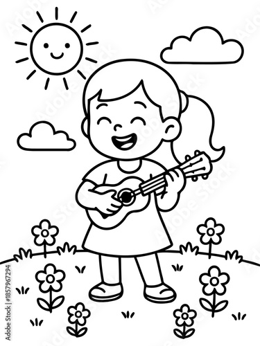 Musical Joy: An adorable cartoon girl serenades with her ukulele, singing a merry song. amidst smiling sun and fluffy clouds, painting a vibrant atmosphere of mirth.