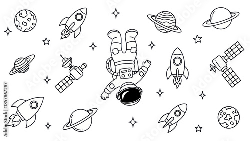 Astronaut in space with rockets satellites planets and stars illustration