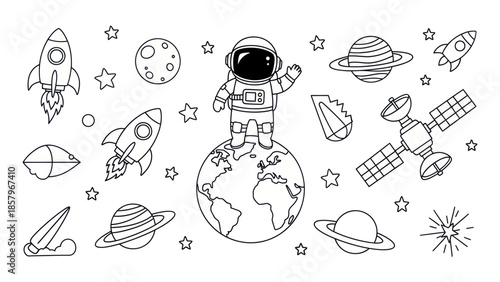 Astronaut in space with rockets planets stars and satellite illustration