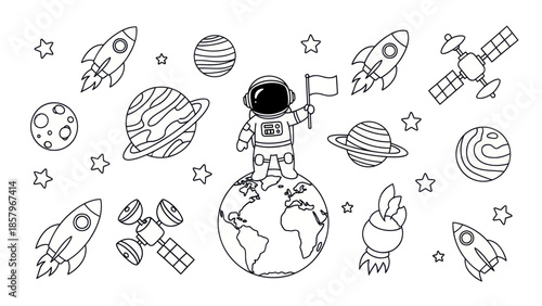 Astronaut on planet earth with rockets and planets in space illustration