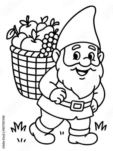 Garden Gnome with Harvest: A charming garden gnome happily carries a basket overflowing with ripe apples and grapes, symbolizing a bountiful harvest.