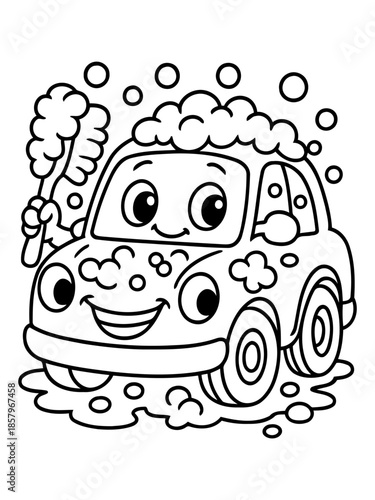 Cute Car in a Bubble Bath: A charming car character, covered in bubbly suds, embraces the joy of a carwash with an endearing smile, showcasing the fun and lighthearted side of everyday tasks.