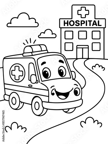 Ambulance illustration: A cheerful ambulance, ready for emergency response, approaches a welcoming hospital, highlighting care.