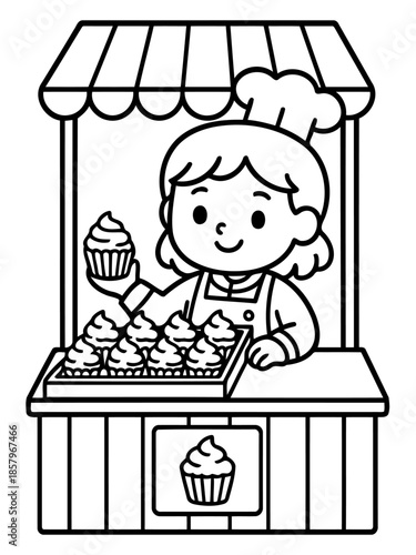 Sweet Temptation: An illustration of a friendly chef at a charming bakery stand, proudly presenting freshly baked cupcakes with tempting detail.