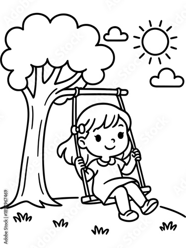 Child's Joy on a Swing: An illustration shows a happy girl on a swing in a park with sun and tree, which captures innocence and delight