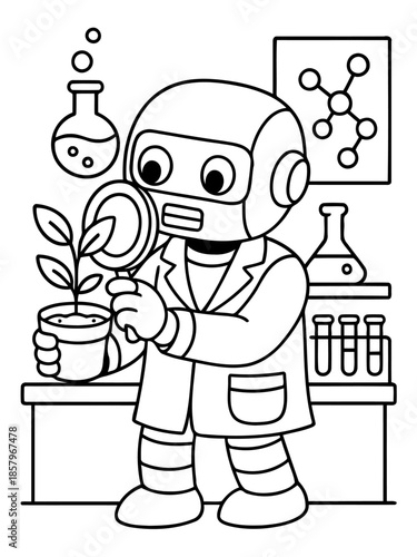 Curious Robot Scientist: An adorable robot scientist, wearing a lab coat and peering intently through a magnifying glass at a young plant, surrounded by laboratory tools.