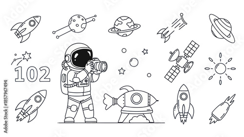 Astronaut photographing space elements rockets planets stars vector illustration