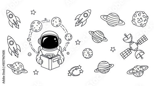Astronaut reading in space surrounded by rockets planets and stars illustration