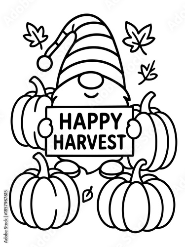Whimsical Gnome: A charming gnome, surrounded by plump pumpkins and autumn leaves, joyfully proclaims Happy Harvest, embodying the season's festive spirit.