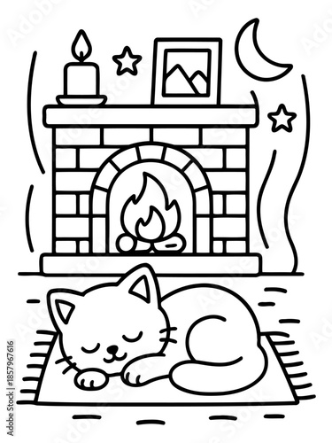 Cozy Fireplace and Sleeping Cat: A serene scene unfolds, featuring a cute cat curled up in peaceful slumber before a warm, inviting fireplace on a night filled with stars and a crescent moon.