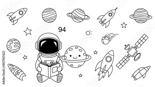 Astronaut reading book surrounded by planets rockets and stars vector illustration