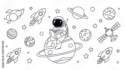 Astronaut reading in space surrounded by rockets planets and stars illustration