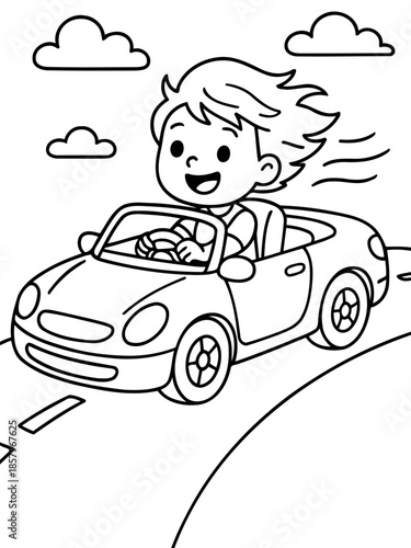 Child's Joyride: A happy child embarks on an imaginary adventure, driving a sleek, open-top car along a winding road, with fluffy clouds drifting overhead.