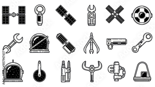 Astronautical and space exploration icons collection in black and white