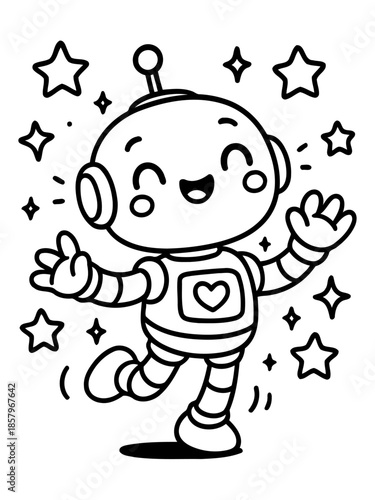 Cheerful Robot: A happy robot dances amidst sparkling stars, its animated features and endearing design capturing the spirit of fun and technology.
