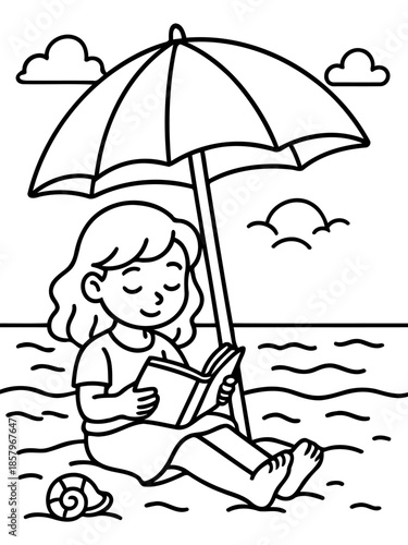 Serene Beach Day: A charming scene unfolds as a girl relaxes on the beach, absorbed in a good book under the shade of an umbrella, with gentle waves lapping nearby.