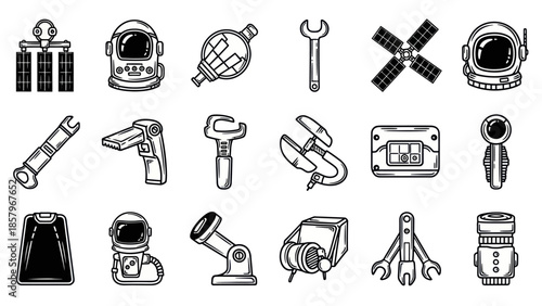 Astronauts space tools and equipment isolated vector illustration