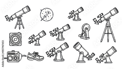 Astronomy and science icons collection in engraved style