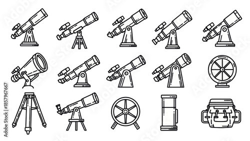 Astronomy equipment collection telescope and accessories line art illustrations