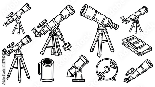 Astronomical equipment illustration telescopes and accessories in graphic style