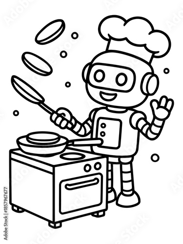 Robot Chef Flipping Pancakes: A cheerful robot chef skillfully flips pancakes in the kitchen, a delightful scene of culinary automation.