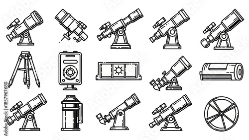 Astronomy equipment collection telescopes tripods and instruments vector illustration