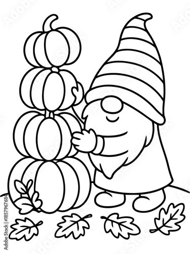 Autumn Gnome with pumpkins: A whimsical illustration of an autumn gnome lovingly arranging a stack of pumpkins, with delicate leaves scattered around.