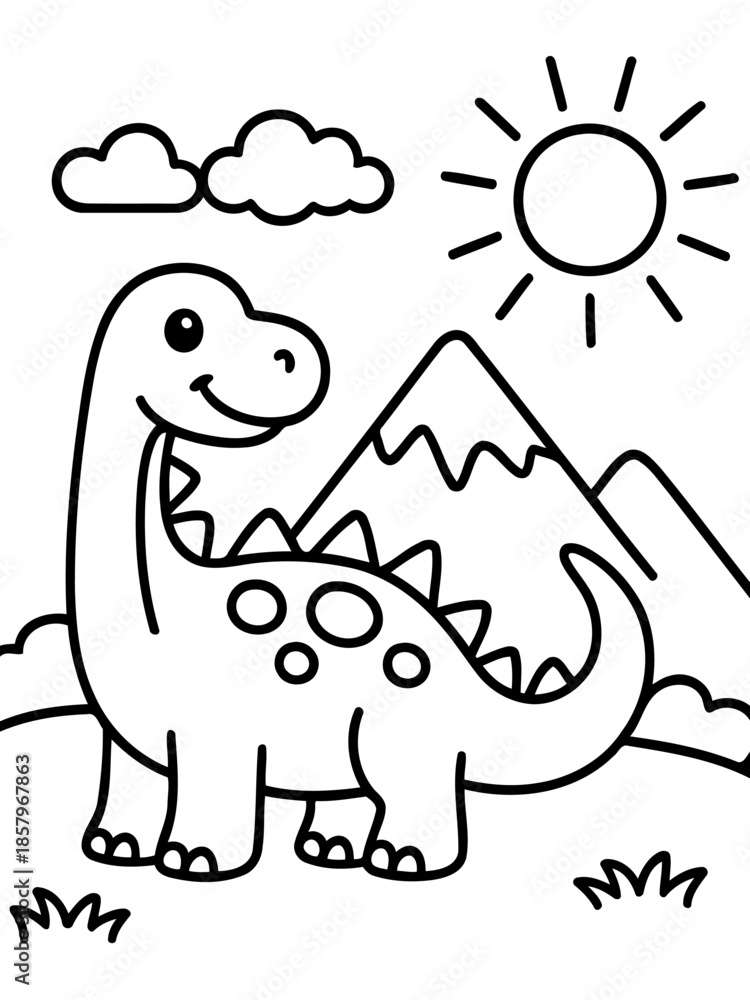 Obraz premium Dino Cartoon: A charming outline illustration of a friendly dinosaur basking in the sun against a backdrop of mountains and clouds, with a cheerful sun and playful clouds.