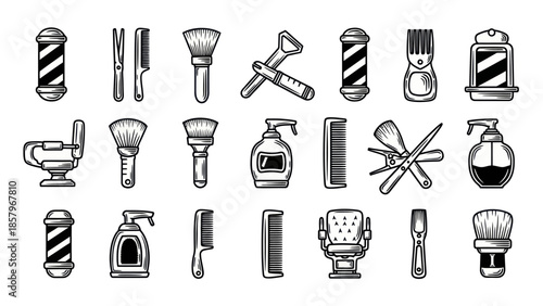 Barber shop tools and equipment illustration set in monochrome style