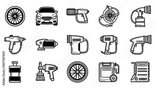 Automotive tools and equipment icons set for repair and maintenance