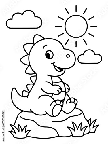 Cheerful Dinosaur Illustration: A smiling cartoon dinosaur basks in the sunlight, sitting contentedly atop a rocky outcropping, with fluffy clouds drifting lazily overhead.