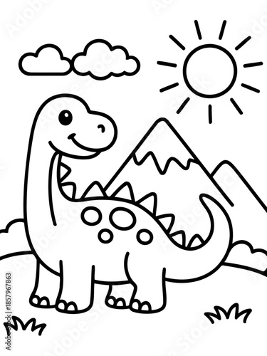 Dino Cartoon: A charming outline illustration of a friendly dinosaur basking in the sun against a backdrop of mountains and clouds, with a cheerful sun and playful clouds.