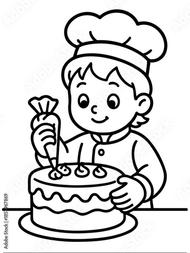 Young Baker's Delight: A young baker, adorned in chef attire, delicately decorates a cake, showcasing culinary artistry and the joy of baking. 