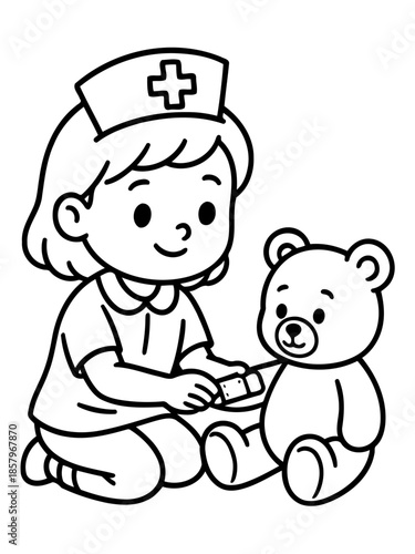 Caring Nurse with a Teddy Bear: A compassionate nurse gently tends to a teddy bear, embodying care and comfort, representing support and nurturing.