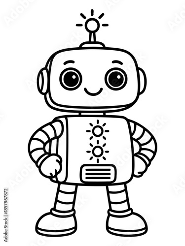 Cute Robot Character Illustration: A friendly, charming robot with a beaming smile and bright, inquisitive eyes stands ready to explore a world of imagination and innovation.
