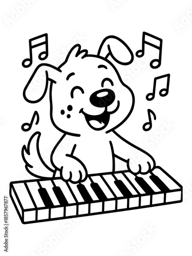Joyful Canine Musician: A cheerful dog, lost in the musical moment, gleefully tickles the ivories of a piano. Notes dance around it, indicating its playful melody and artistic expression.