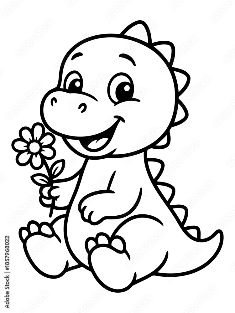 Obraz premium Dino with Flower: A delightful cartoon dinosaur, holding a delicate flower, embodies innocence and playful charm, perfect for children-related projects.