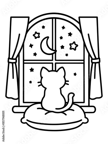 Nighttime Contemplation: An endearing cartoon cat silhouette sits perched on a pillow, gazing out a window at a starry night, the moon casting a gentle glow.