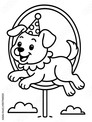 Dog's Agility: An adorable dog, wearing a party hat, leaps through a hoop, showcasing joyful agility. The minimalist artwork conveys playfulness and canine excitement.