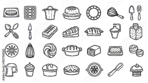 Bakery items collection various cakes tools and accessories isolated vector