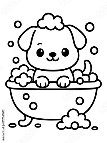 Puppy in Bath: An adorable cartoon puppy enjoys a bubbly bath. The puppy is surrounded by fluffy soap bubbles, creating a whimsical and fun image. 