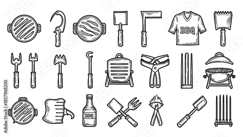 Barbecue tools and equipment vector illustration set isolated