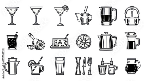 Black and white bar equipment and cocktails on a white background
