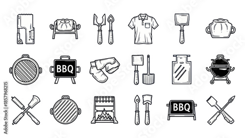 Barbecue icons set grill utensils and apparel in monochrome style