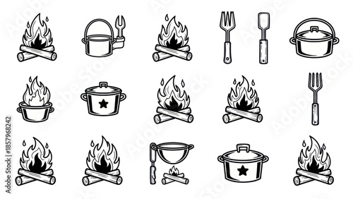 Black and white camping icons set with campfire and cooking utensils