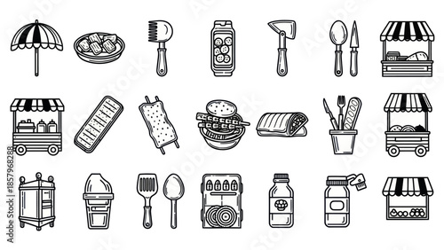 Black and white food icons street vendor cart and culinary tools