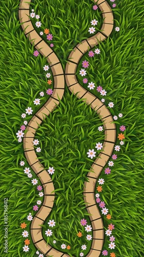 Winding Garden Path Curving Through Lush Green Grass Decorated with Colorful Flowers in Bright Daylight
