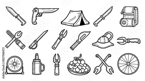 Black and white vector illustrations of camping and outdoor equipment