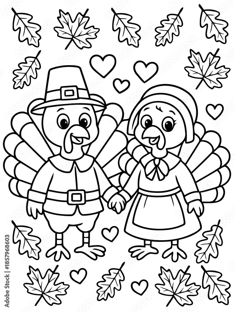 Fototapeta premium Thanksgiving Duo: Charming turkey couple, dressed in traditional attire, stand hand-in-hand, surrounded by autumn leaves and hearts, creating a heartwarming illustration for the holiday season.