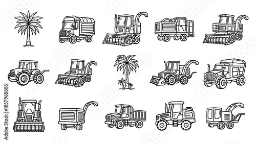 Collection of agricultural machinery illustrations in black and white